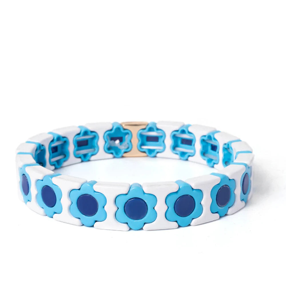 New Design Colorful Flower Charms Bangle For Women Handmade Bohemian Elastic Flower Bracelets Metal Beads Jewelry