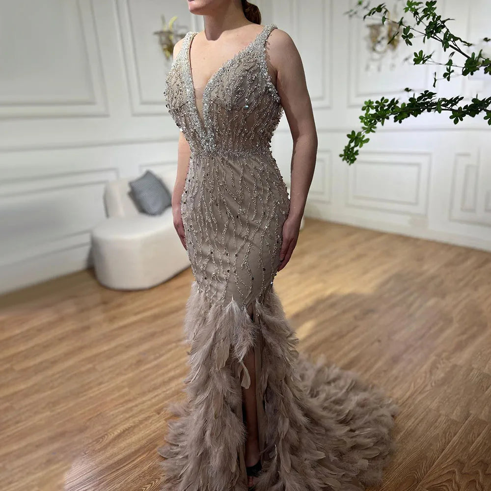 Homecoming Dresses: Mermaid High Split Evening Dresses Feather Beaded Gowns