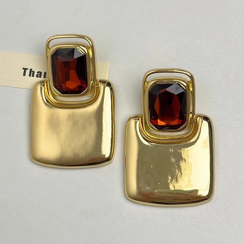 Vintage Exaggerated Metal Square Geometric Crystal Large Earrings for Women European American Personality Party Heavy Jewelry