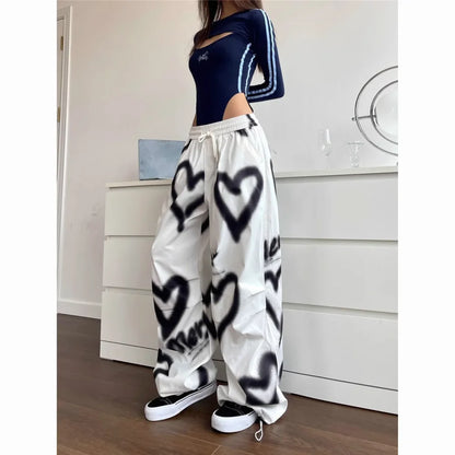 Love Graffiti Wide Leg Pants Women Y2K Elastic High Waist Streetwear Loose Drawstring