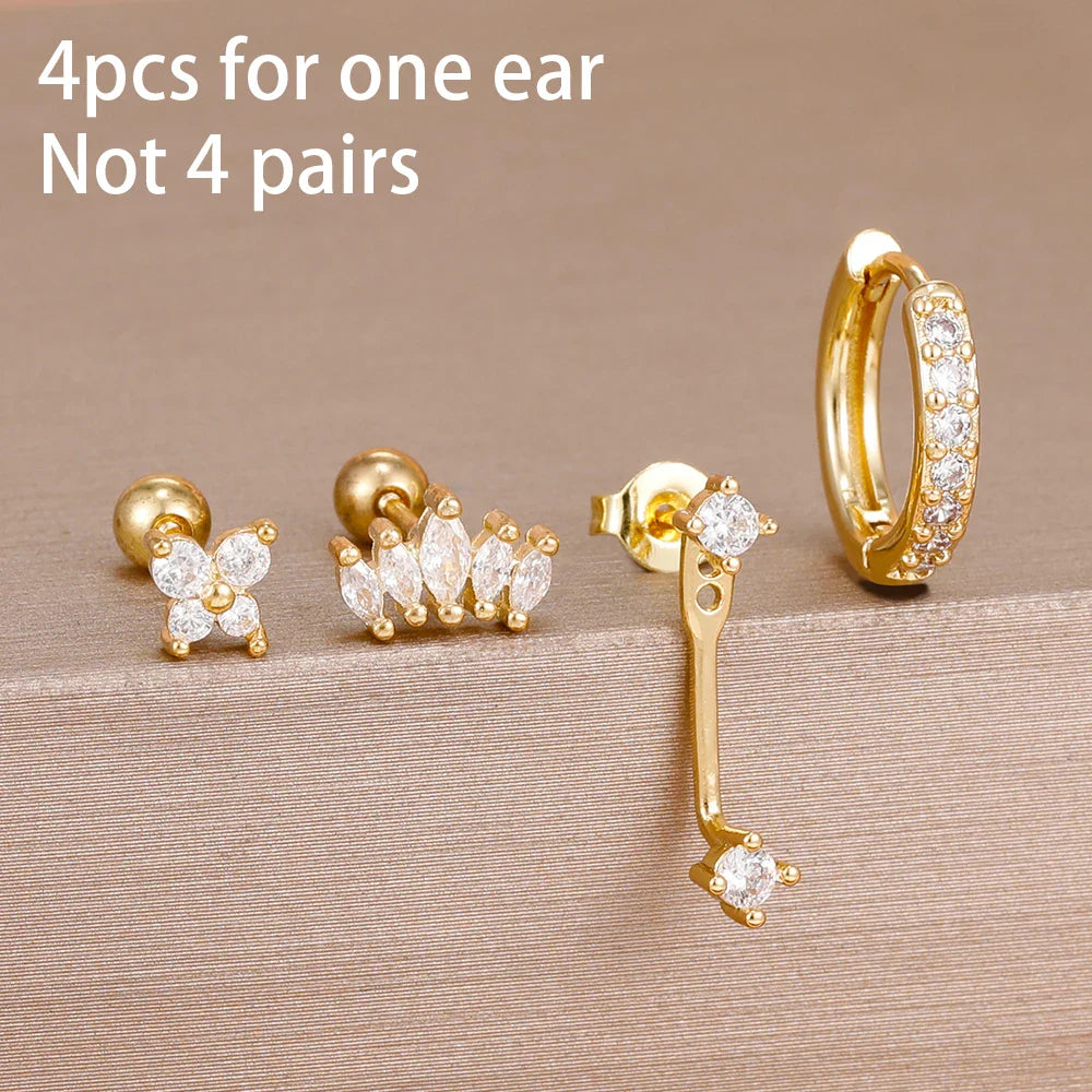 4PCS Stainless Steel Circle Huggie Hoop Earrings Set for Women Gold Color Unique Zircon Flower Stud Earring Piercing Jewelry
