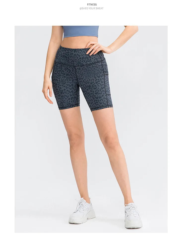 Women's printed nude yoga shorts with pockets skin-friendly tight stretch quick-drying sports fitness hiking running shorts