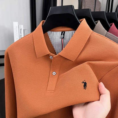 100% pure cotton autumn and winter men's fashion sports brand embroidered pony long sleeved POLO shirt business casual T-shirt