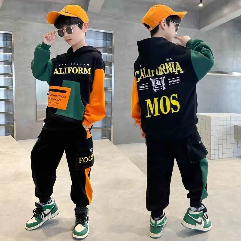Boys Tracksuit Sets Children Patchwork Letter Sweatshirts+Pants 2Pcs Outfits Teenager Autumn Fashion Hooded Suits Spring Clothes