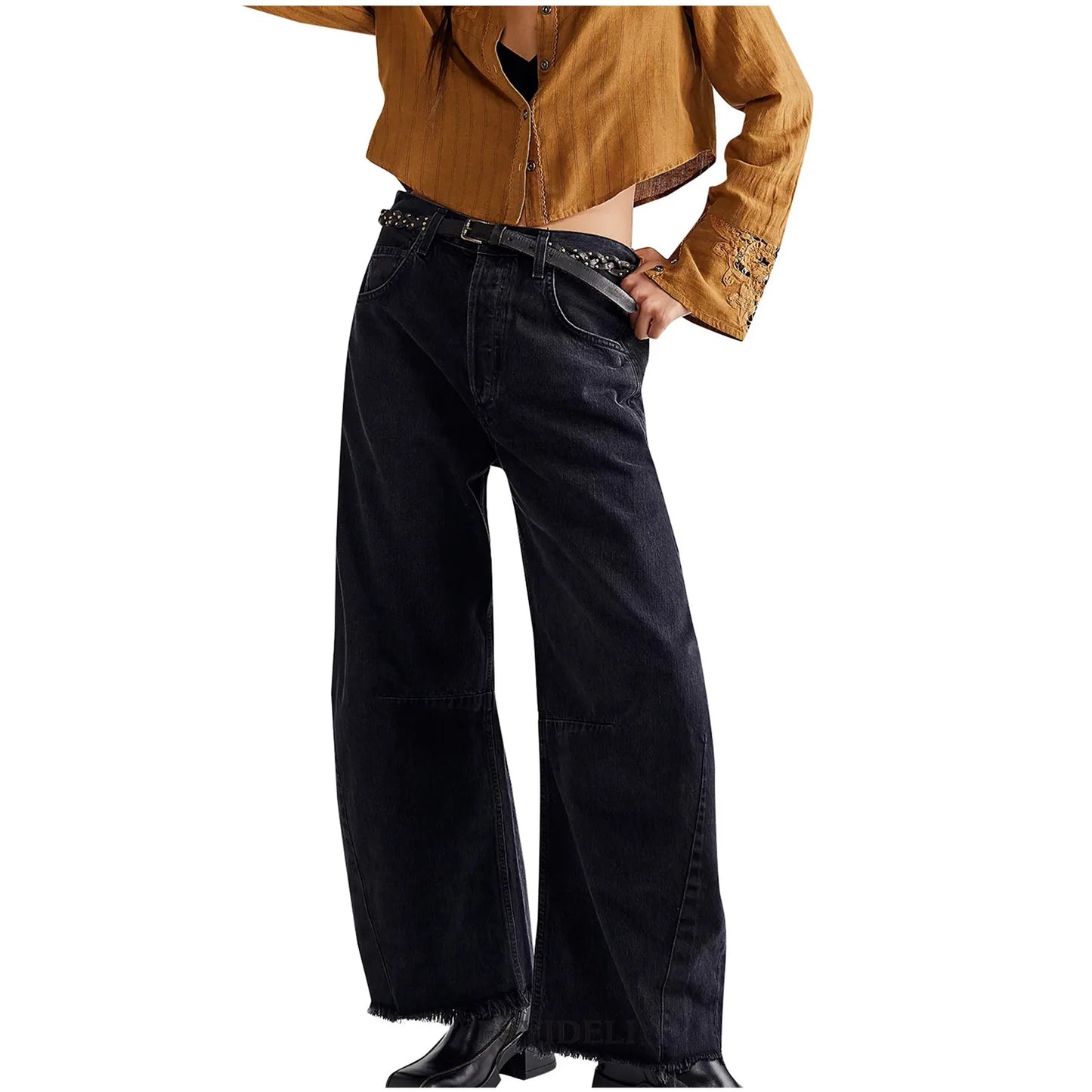 Women Casual Baggy Mid Waist Jeans Wide Leg Loose Boyfriend Denim Pants