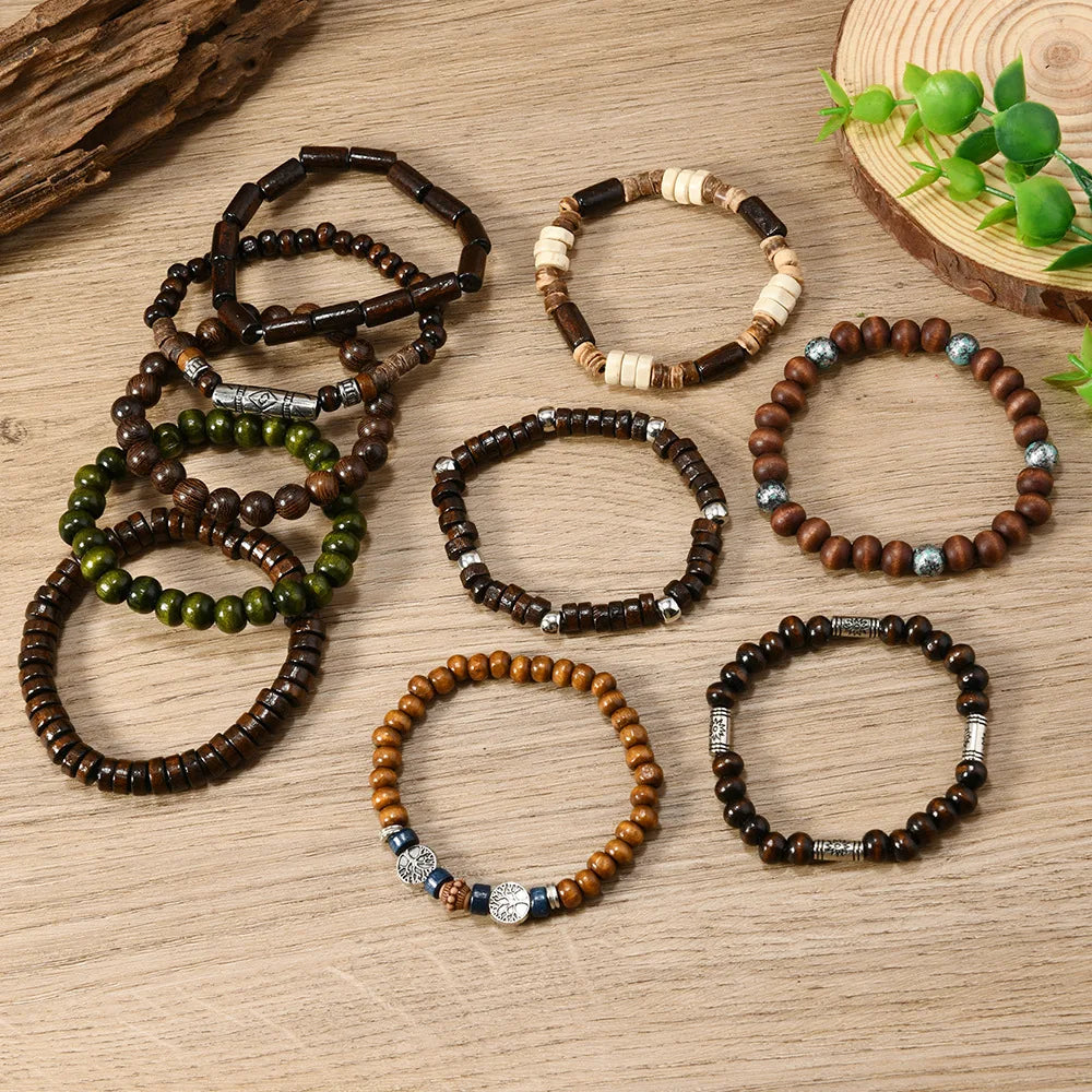10PCS Bohemia Ethnic Beaded Bracelets For Men Vintage Multi Layer Wooden Beads Life Tree Beaded Bracelets Accessory Gifts Party