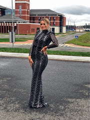 Long Sleeve High O Neck Stretch Sequin Formal Gown Padded Shoulder Dress