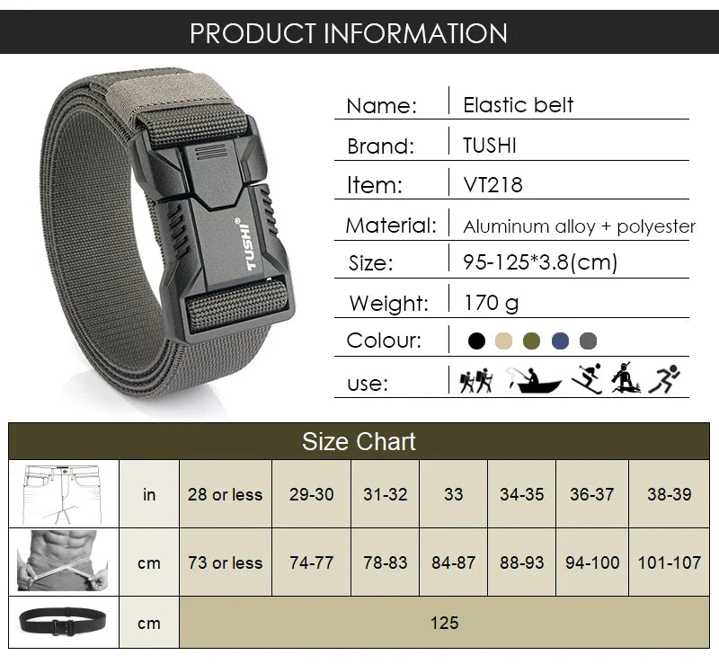 VATLTY New Tactical Outdoor Belt for Men and Women Aluminum Alloy Buckle Quick Release Elastic Belt Casual Belt Jeans Waistband