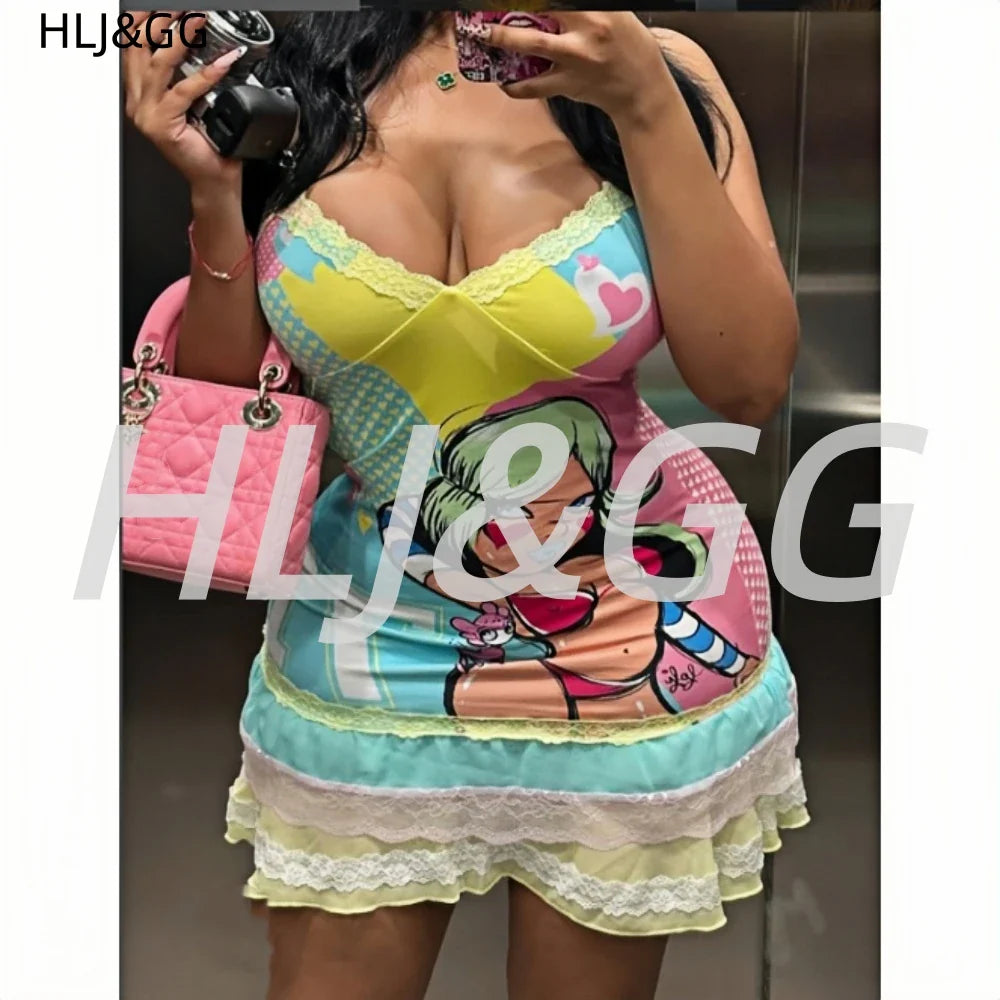 HLJ&GG Y2K Fashion Lace Splicing Bodycon Spaghetti Strap Mini Dresses Women Sleeveless Backless V Neck Slim Vestidos Streetwear