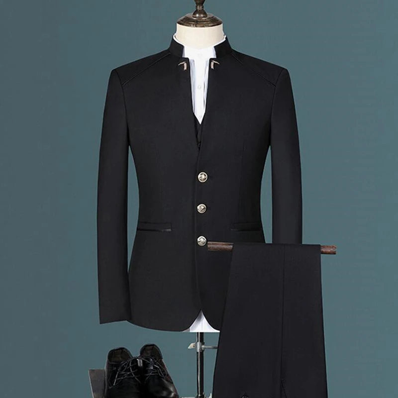 Tuxedo for Mens: Jacket Vest Pants Suit Three Piece Set / Men's Stand Collar Slim Fit