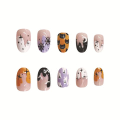 24pcs Cartoon Spider Bat Fake Nails Short Rounds False Nails for Women Girl Wearable