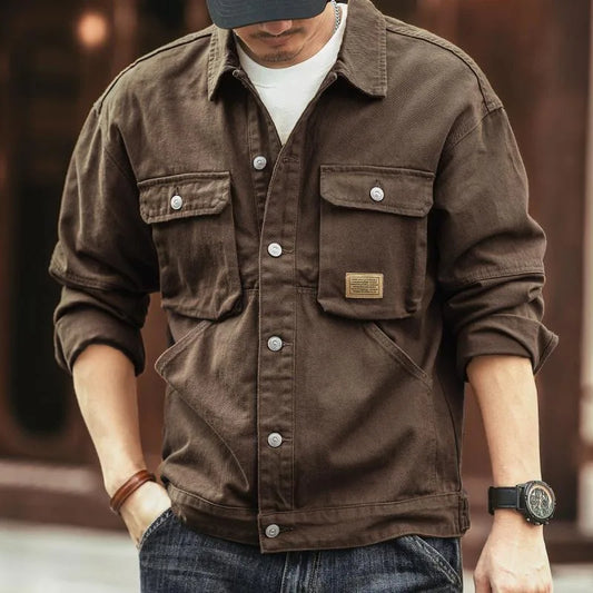 Spring and Autumn New Fashion Solid Color Retro Cargo Jacket Men's Casual Coat