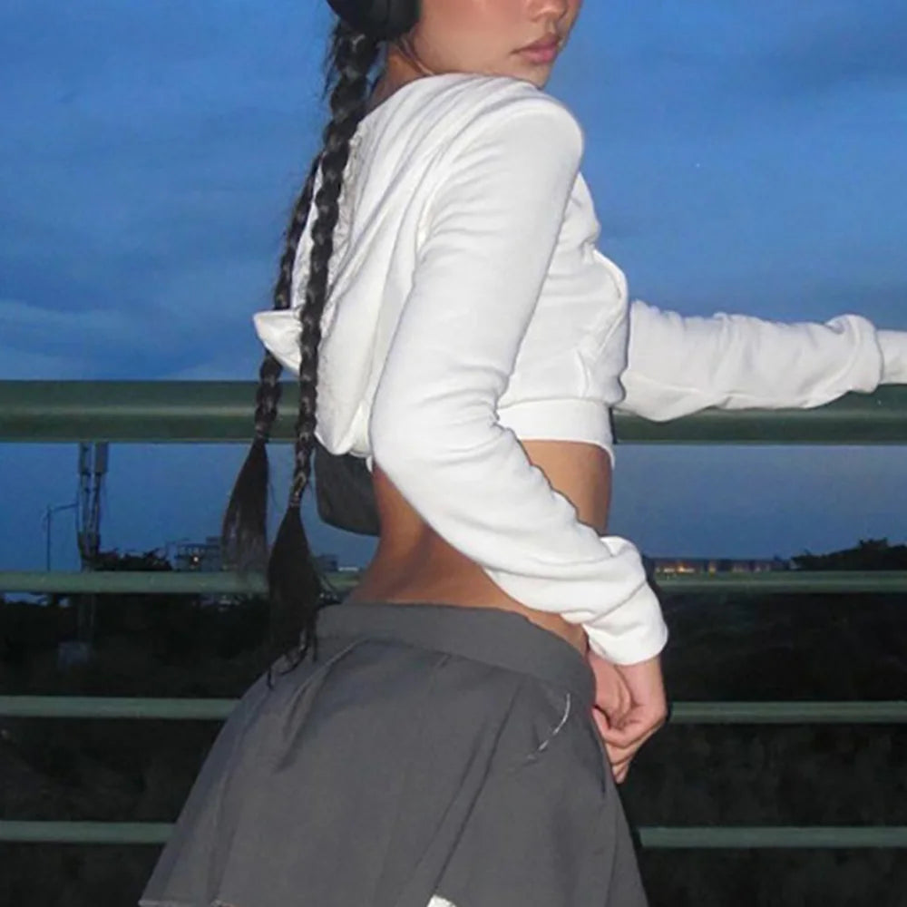 Y2K Aesthetic Vintage Basic Zip Up White Cropped Hoodies 2000s