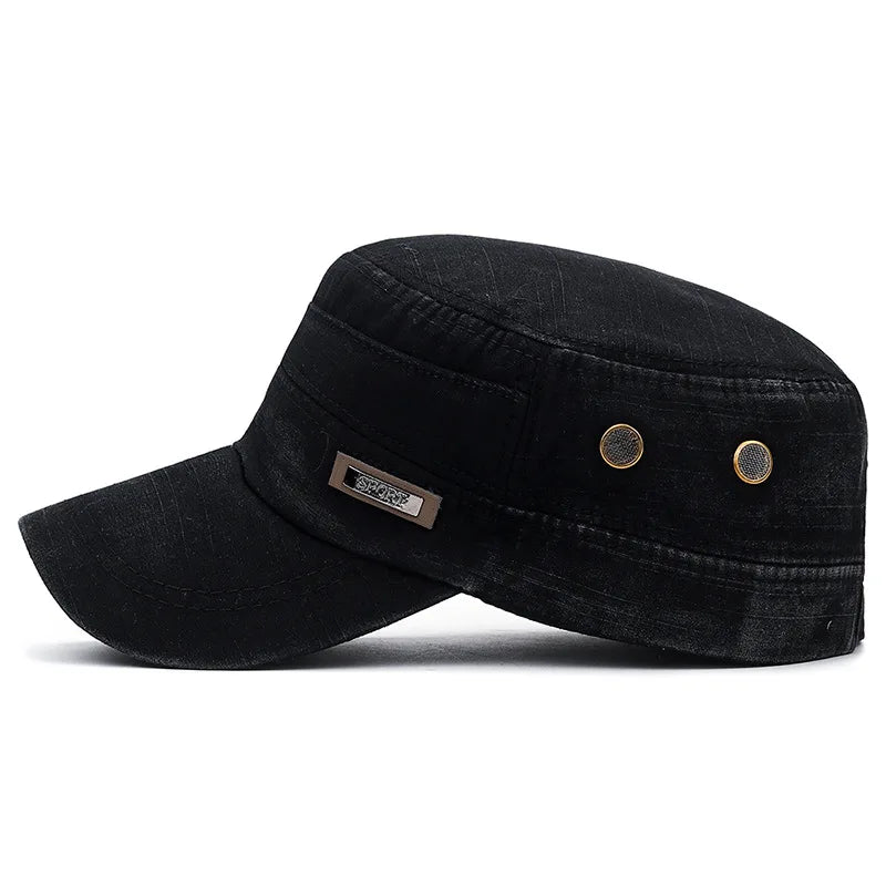 Vintage Washed Cotton Military Caps Flat Top Baseball Cap Adjustable Fitted Thicker Cap Sun Protection Men Women Cadet Army Cap