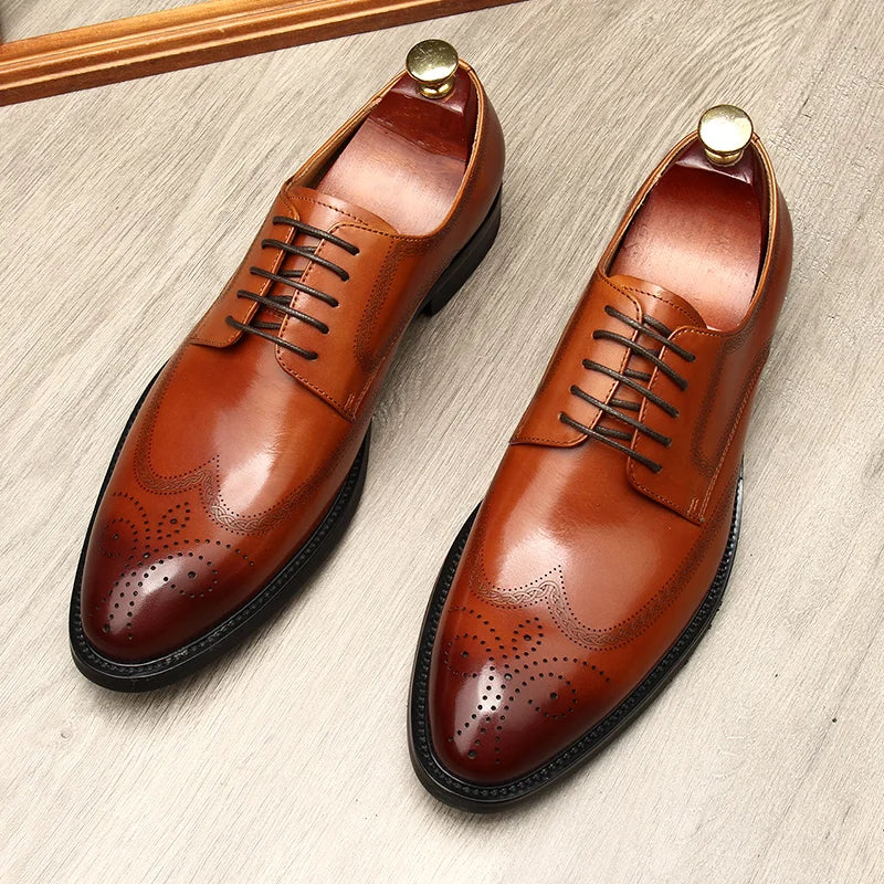 Spring/Autumn Men Luxury Black/Brown Genuine Leather Dress Wedding Pointed Toe Oxford Lace-Up Formal Male Office Shoes