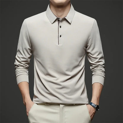 New Men's Business Casual  Long Sleeve Solid Color Polo Shirt Fashionable Warm Comfortable Four Seasons Versatile Top