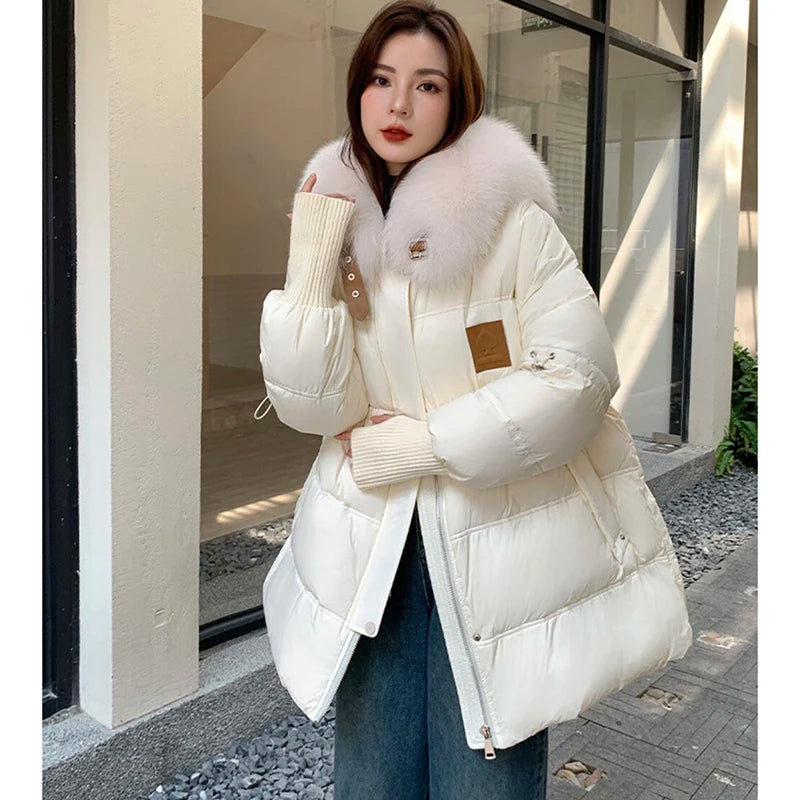 Real fur parka white duck Down Detachable Fur Jacket Mid-Length