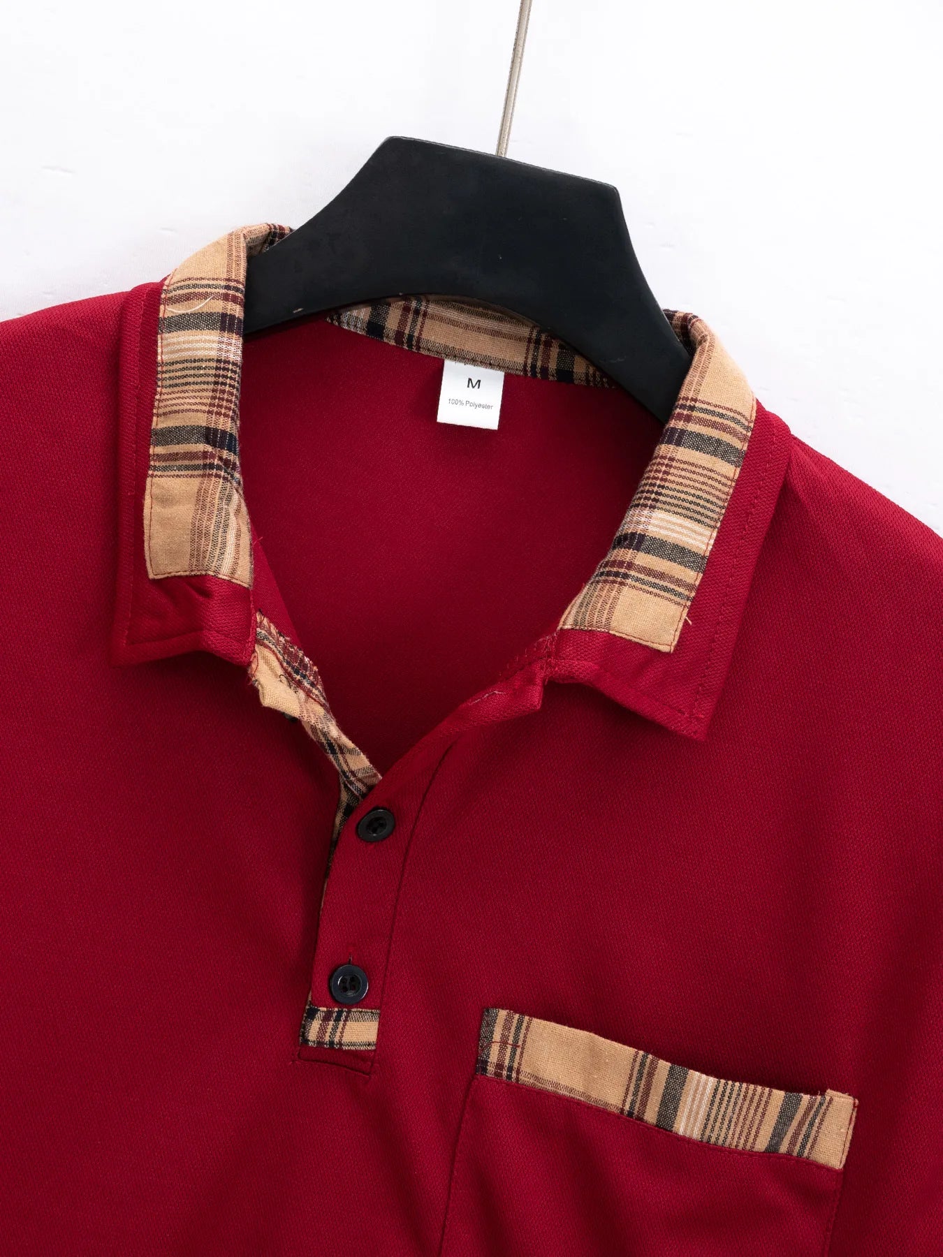 New  men's casual spring and fall fashion plaid lapel long sleeve pocket comfortable party outdoor top polo shirt