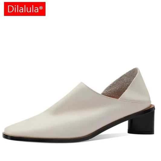 Dilalula 2024 Hot Sale slip-on Genuine Leather Women Pumps Square Toe Med Thick Heels Soft Upper Pumps Office Ladies Dress Shoes