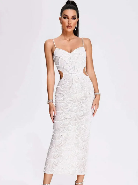 Evening Dresses: Women Luxury V Neck White Pearl Beading Cut Out Maxi Long