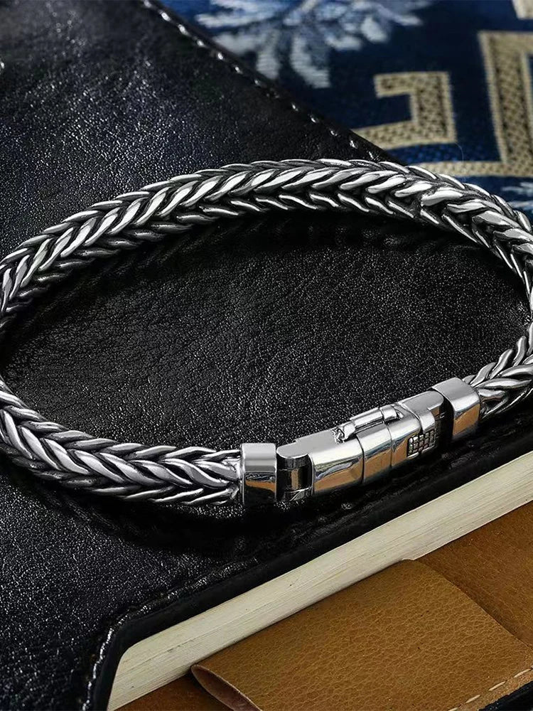 100% S925 Sterling Silver Handmade Woven Retro Domineering Style Personality Keel Man Woman Pure S925 Silver Bracelet Jewelry