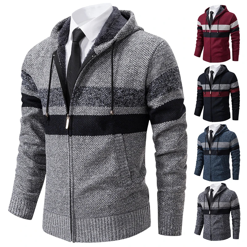 2023 New Autumn and Winter Striped Hooded Sweater Men's Coat with Velvet Padded Warm Knit Cardigan