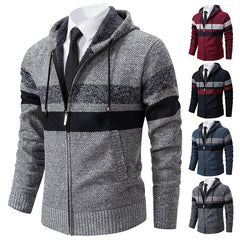 Striped Hooded Sweater Men's Coat with Velvet Padded Warm Knit Cardigan