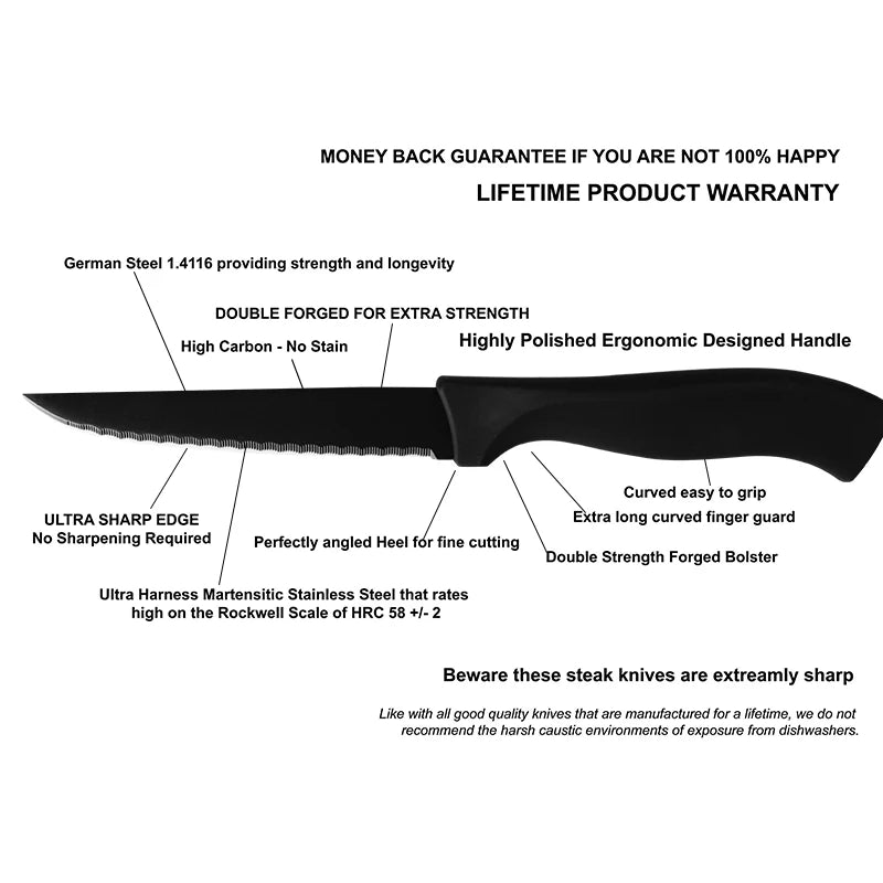 Table Knife Set  4/6/8Pcs Black Matte Comfort Handle Paring Knives German Stainless