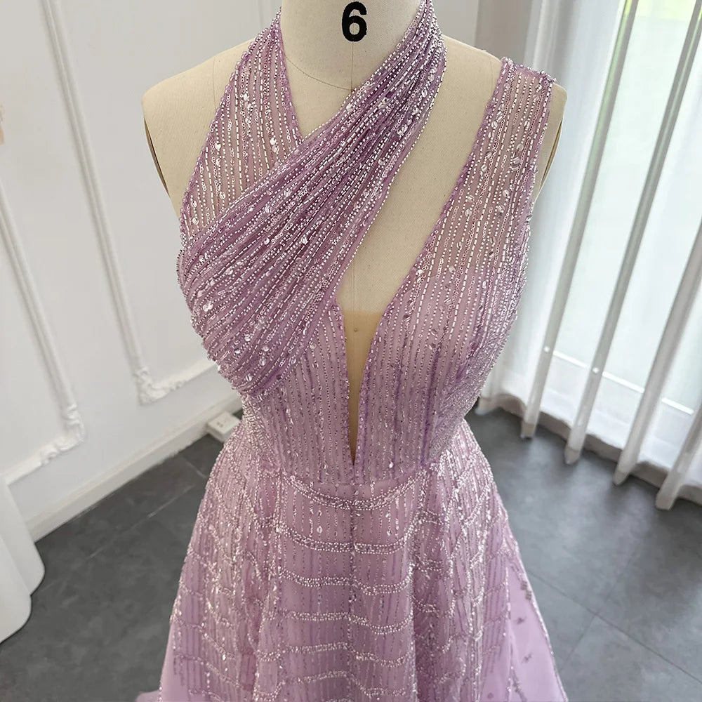 Sharon Said Luxury Beaded Dubai Lilac Evening Dresses for Women Wedding Party 2024 Elegant Long Arabic Prom Formal Gowns SS329