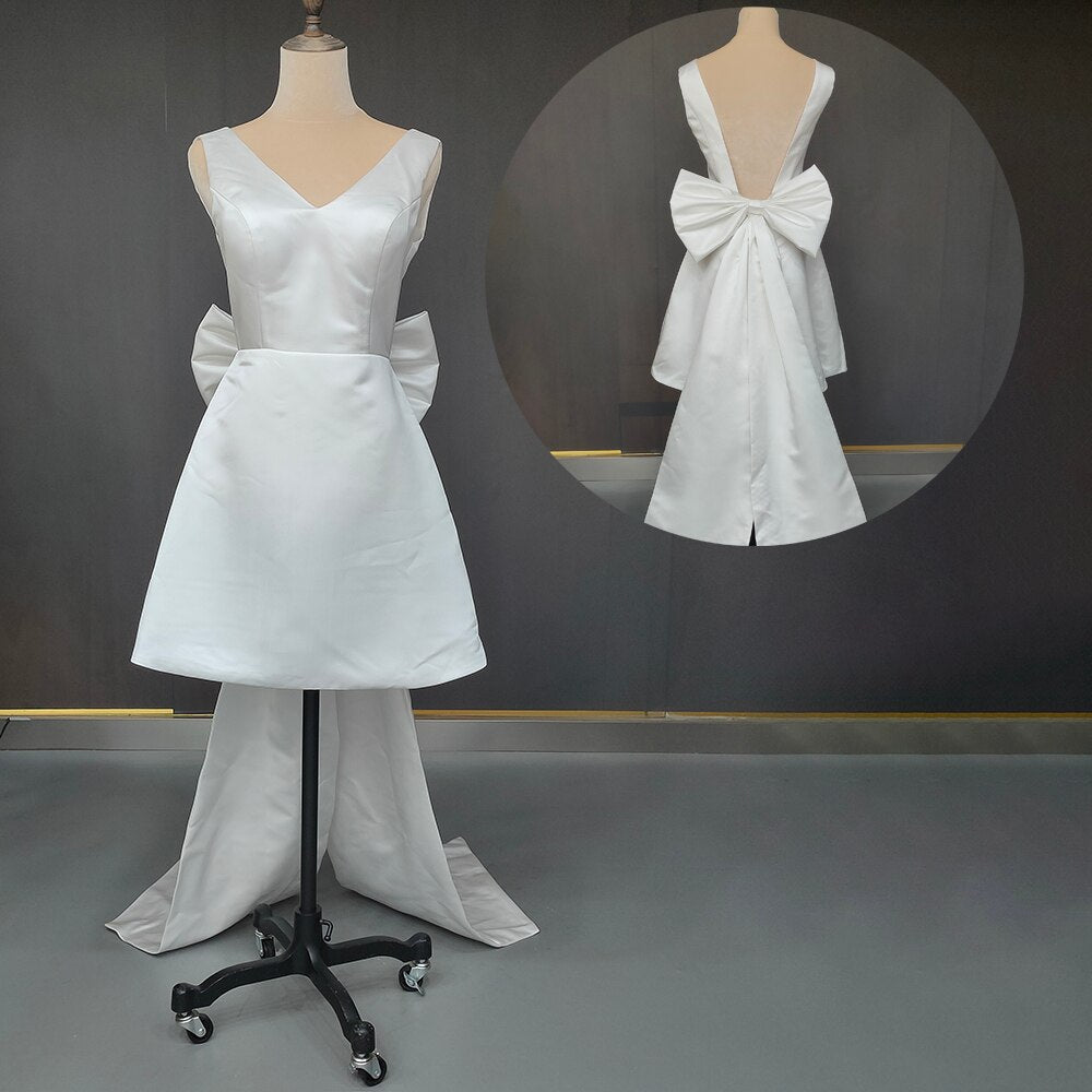 White Bridesmaid Dresses: V Neck Bridal Gown Large Bow Custom Made Plus Size