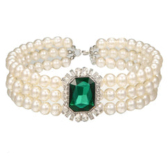 Multi Layered Simulated Pearl Green Crystal Choker Necklace Collar Statement