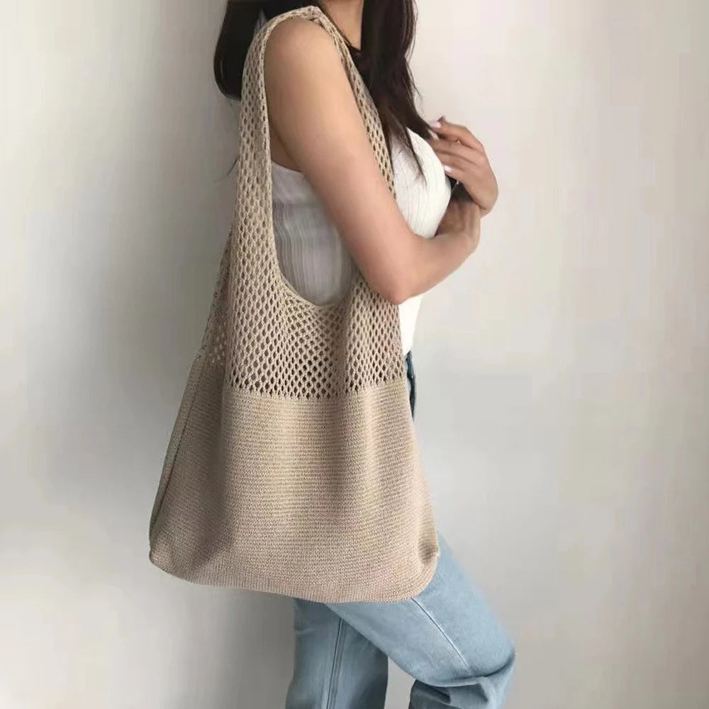 Crochet Solid Color Versatile Shoulder Bag, Hollow Weaving Slouchy Stylish Tote Bag
