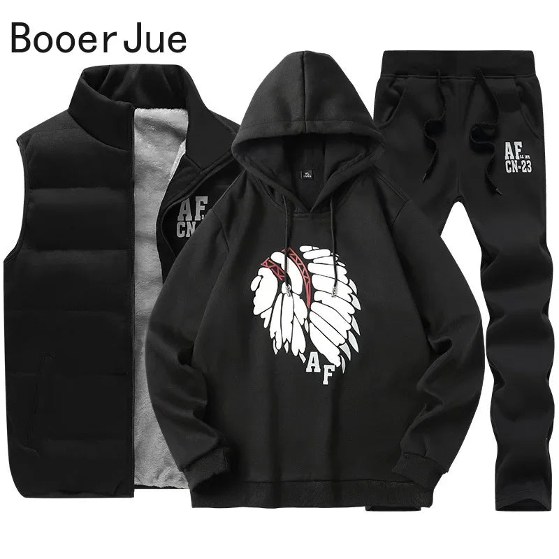 3 Pieces Set Hoodies+Vest+Pants Casual Track Suit Clothing Coats Winter Thick Warm Tracksuit for Couple Printed Mens Set Vest