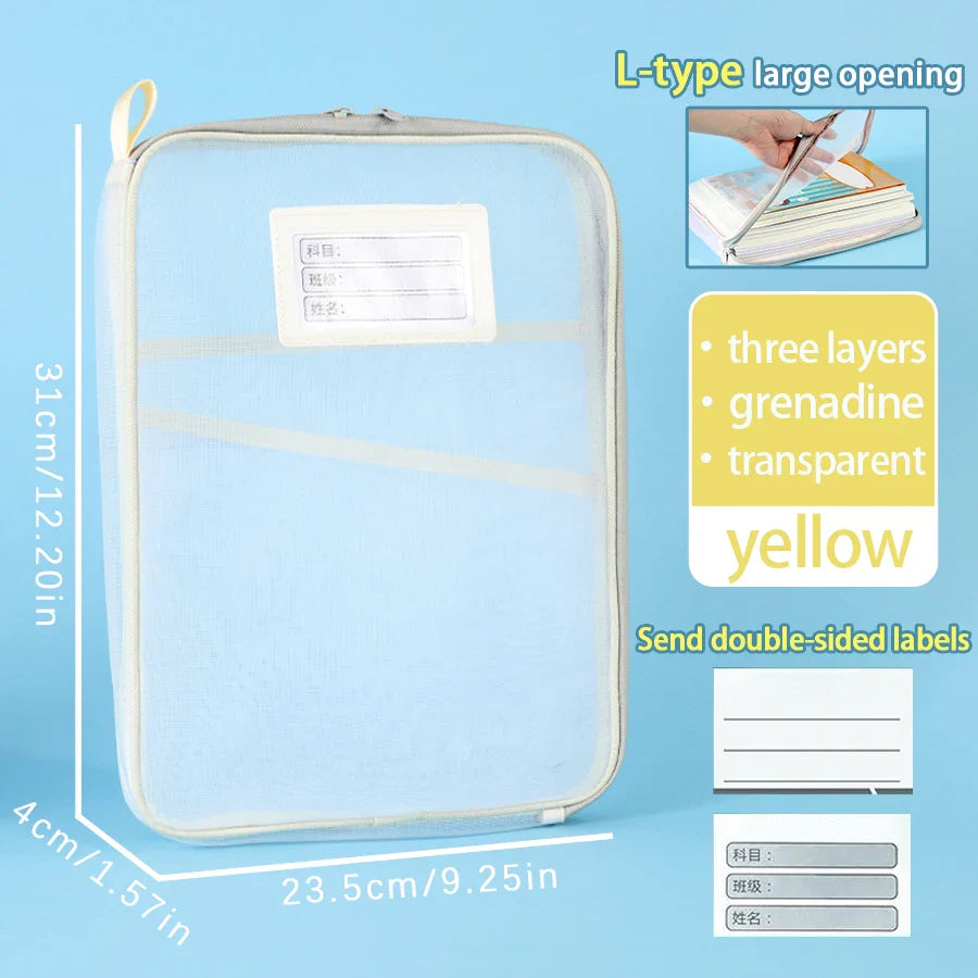 1 Pcs A4 Transparent File Subject Classification Thickened 5 Colors Mesh Simple Hand Storage Bag