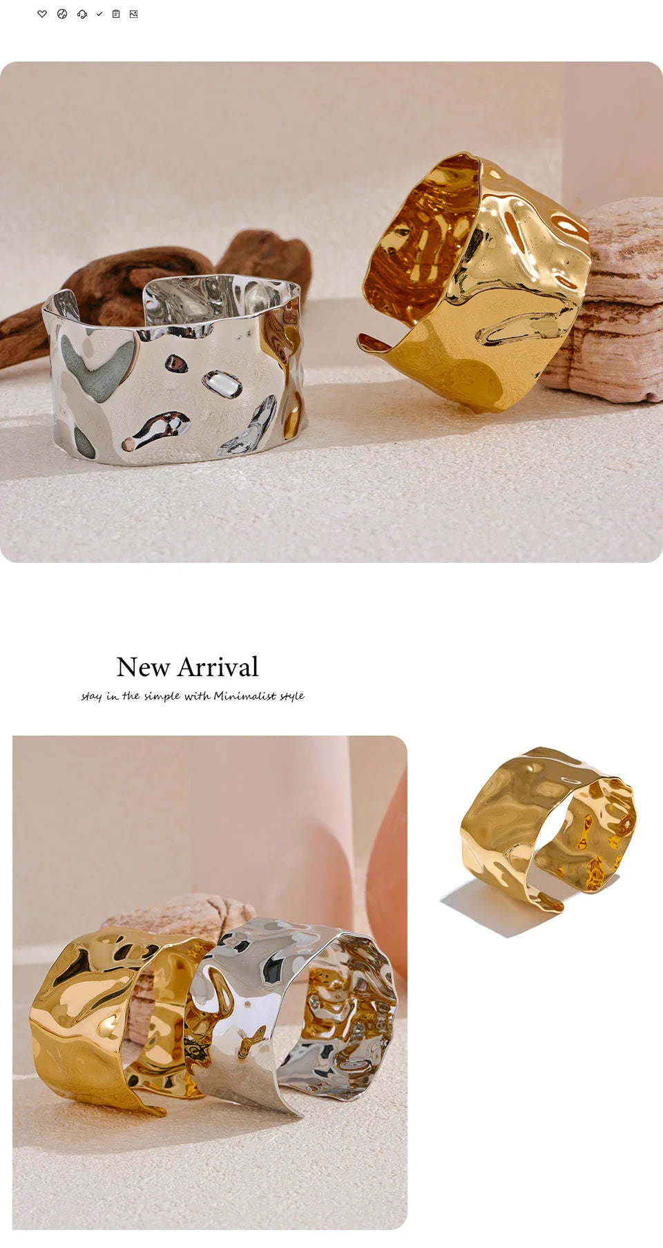 Yhpup Wide Large Stainless Steel Metal Cuff Open Bracelet Bangle 18K Gold PVD Plated Statement Waterproof Wrist Jewelry Bijoux