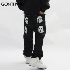 Hip Hop Gothic Denim Pants Streetwear Mens Graphic Print Baggy Punk Rock Jeans