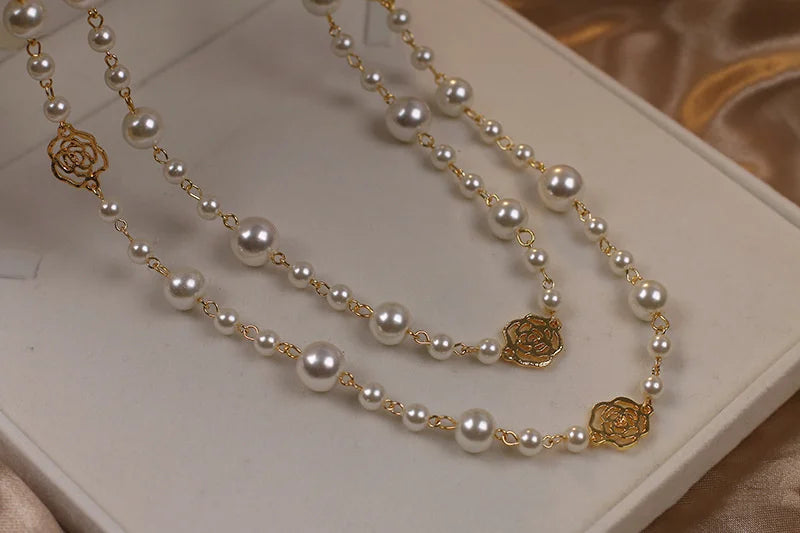 Vintage Lady Camellia Pearls Flower Long Necklace Chain Elegant Double Layers
