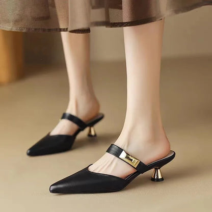 Size 35-42 Women Kitten Heels Mules Golden Rivet Pointed Toe Summer Sandals Fashion Beige Ladies Casual Med Heels Shoes