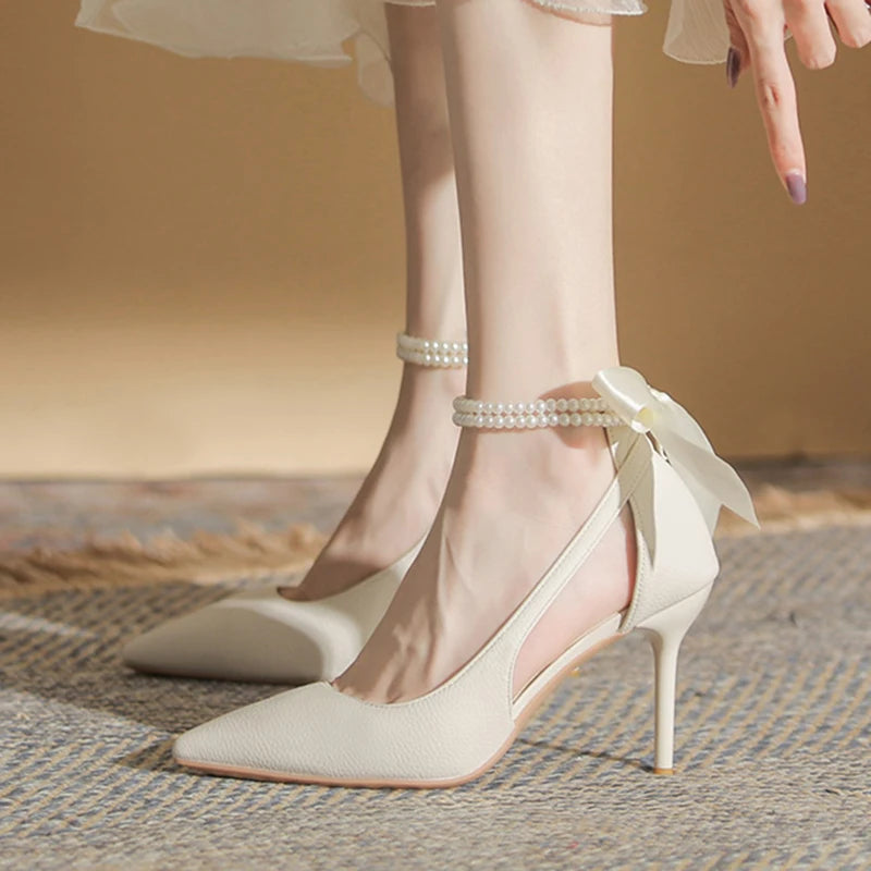 Elegant Ladies White Pearls Ankle Strap Pumps for Wedding Women Silk Back Bowtie High Stiletto Heeled Shoes Woman Spring 2023