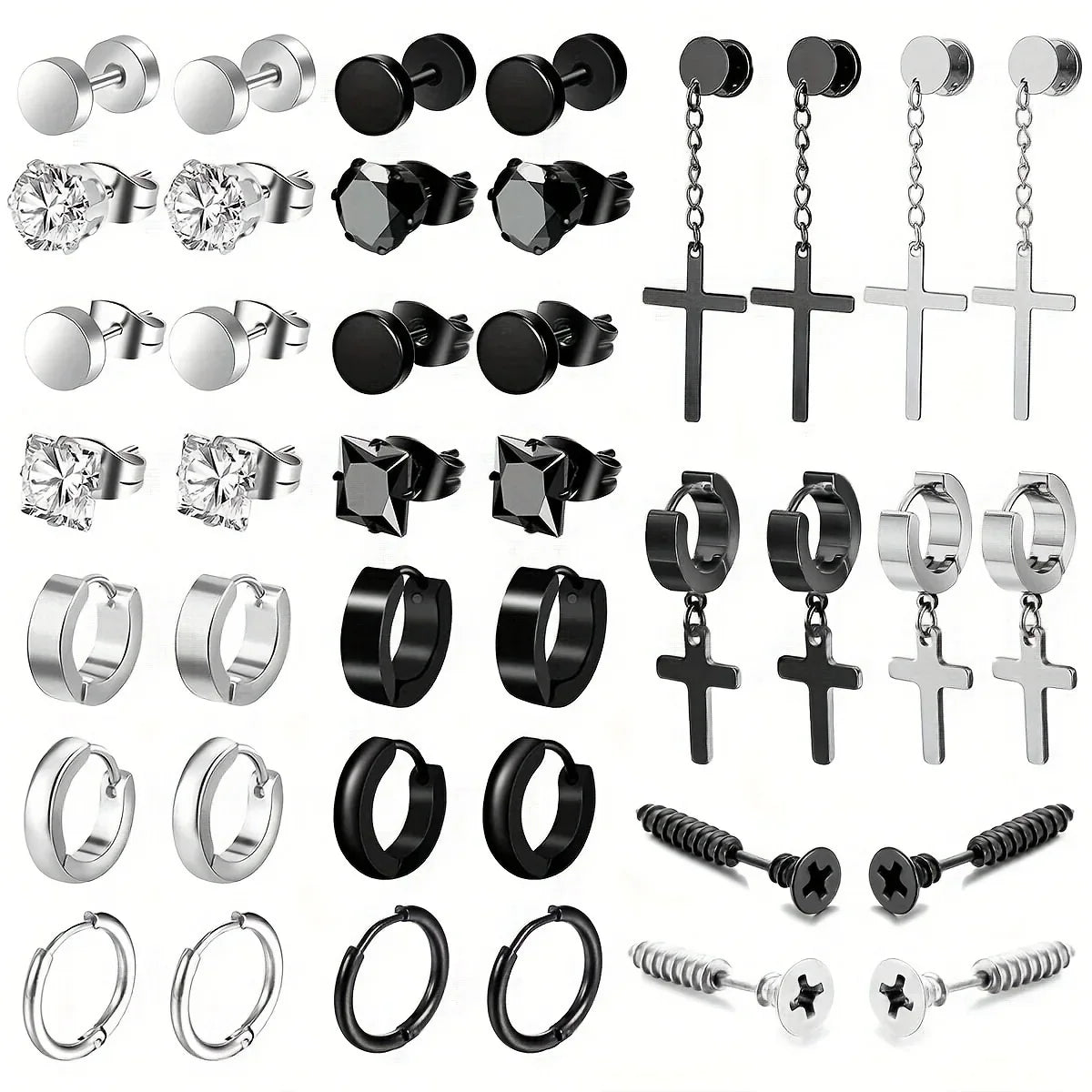 Simple Stainless Steel Zircon Stud Earrings For Men, Cross Pendant Hoop Earrings For Daily Wear