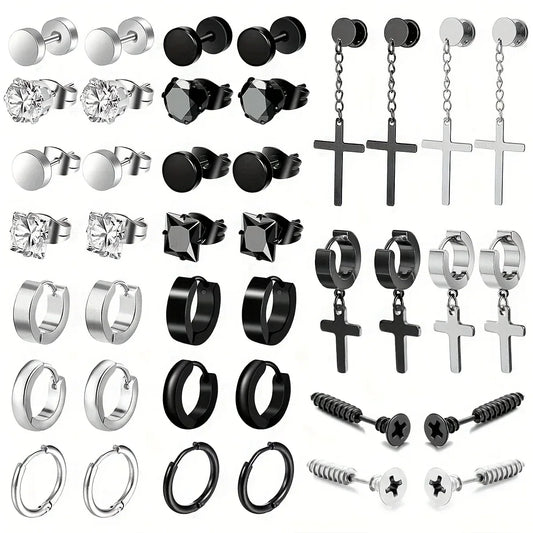 Simple Stainless Steel Zircon Stud Earrings For Men, Cross Pendant Hoop Earrings For Daily Wear