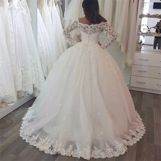 White Appliques Long Sleeves Puffy Wedding Dresses Ball Gowns