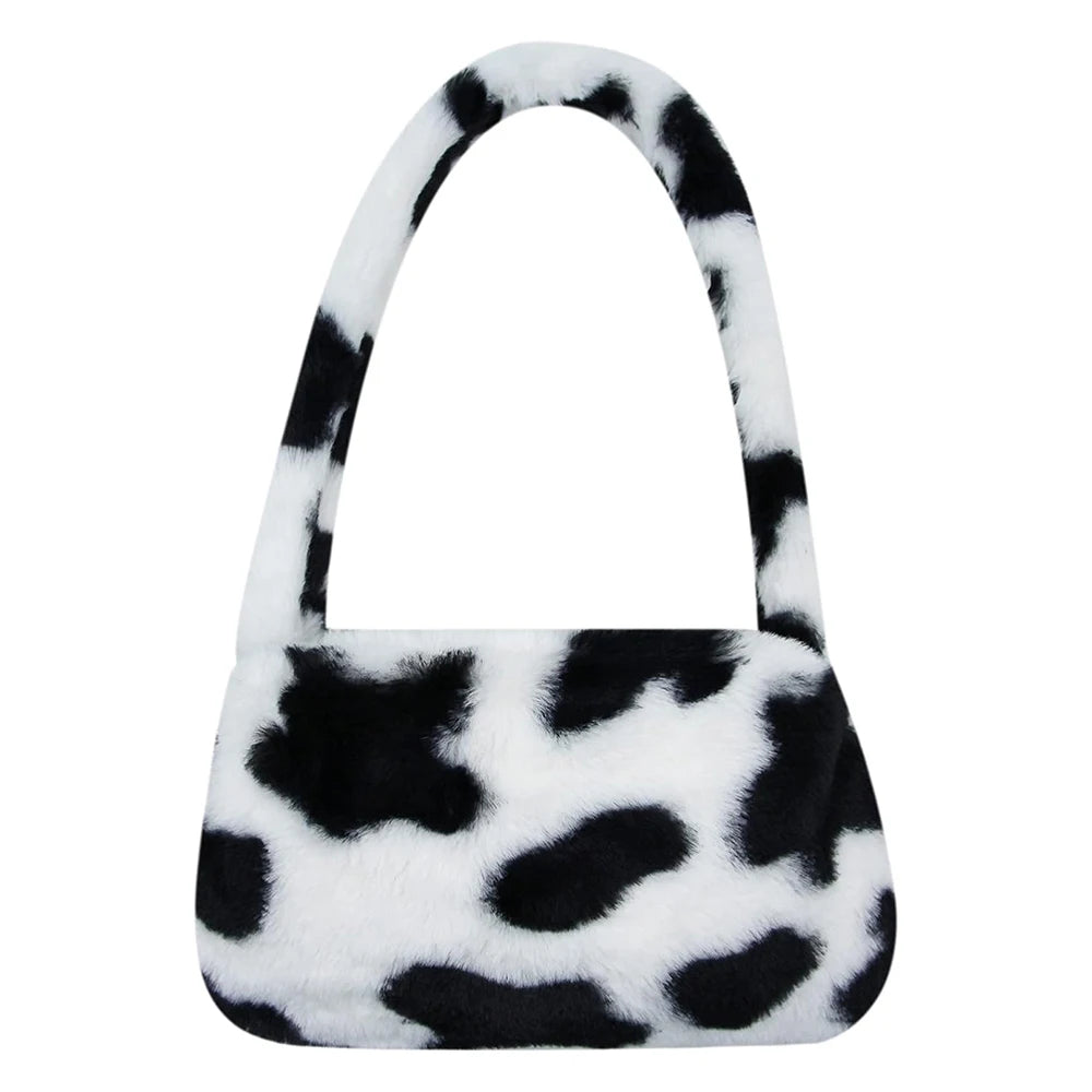 1Pc Fashion Women Cow Print Mini Shoulder Bag Women Winter Plush Armpit Bag