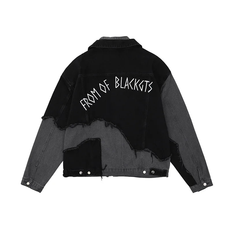 American High Street Washed Gray-black Stitching Pierced Denim Jacket