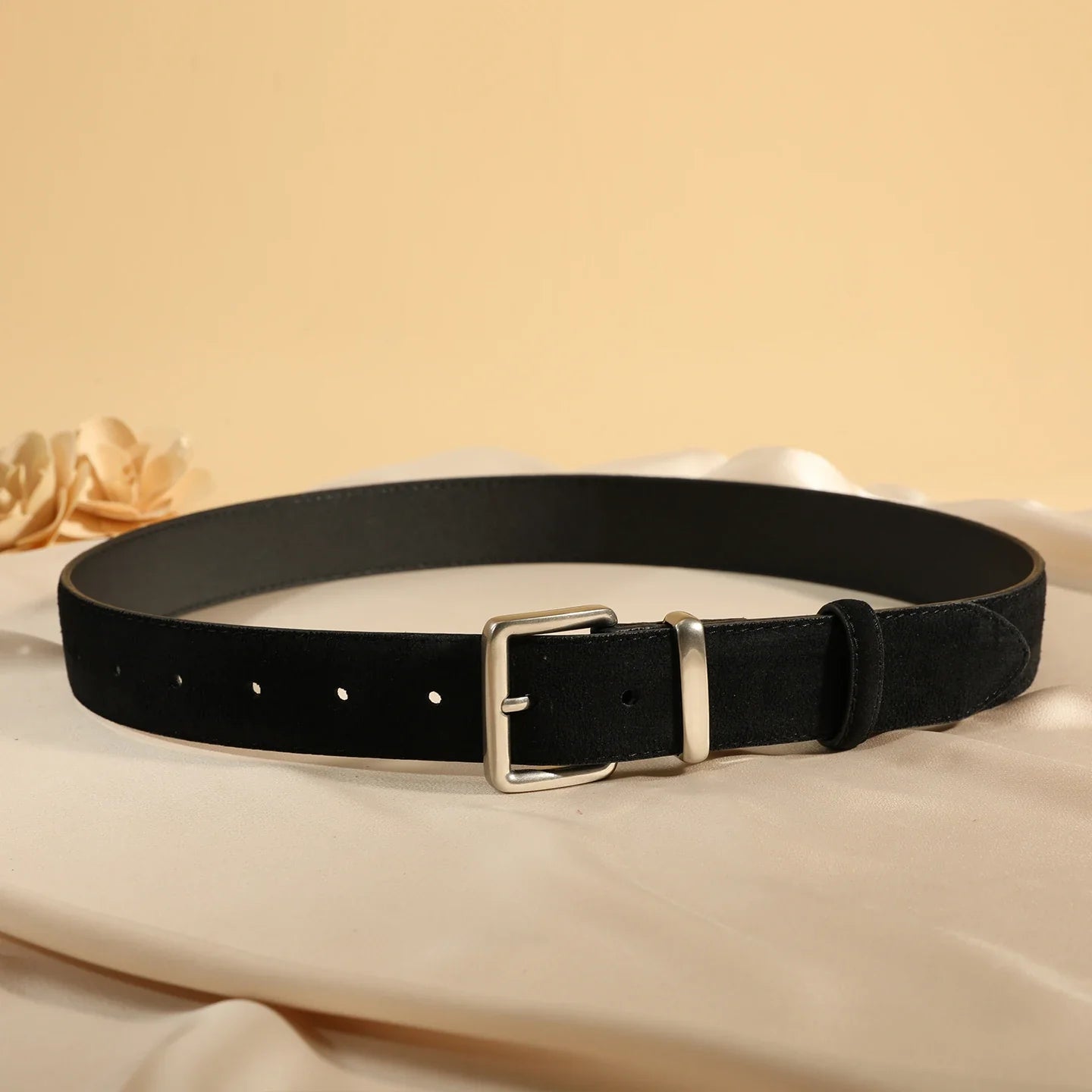 Luxury Suede Cowhide Leather Belt for Women, Vintage Style with Gold Buckle, 3.3cm Wide Waistband for Dresses & Jeans