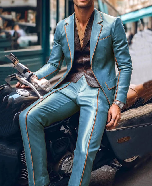 Men Suit Slim Fit Blazer & Pants 2Pcs Set Contrast Trim Notch Lapel PU Leather Jacket Male Business Casual Prom Suit Moto style