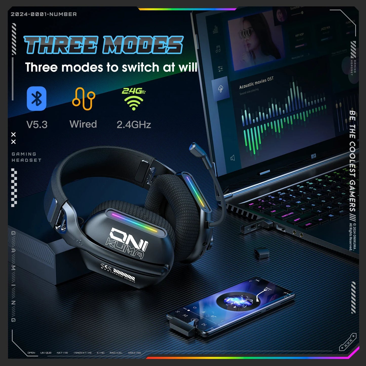 ONIKUMA Wireless Gaming Headset: 2.4G/Wired/Bluetooth 3 Modes, Bendable HD Mic, Soft Ear Pads, Immersive Sound for PC/PS4/5