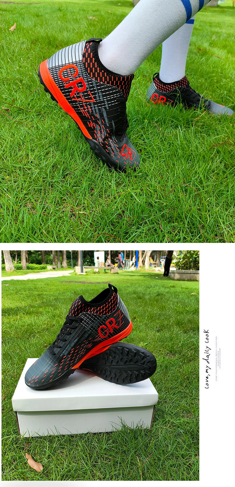 Men Soccer Shoes Turf Indoor Long Spikes High Ankle Football Field Boots