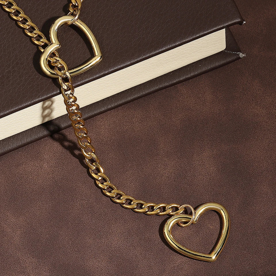 ZAKOL Adjustable Stainless Steel Cuban Link Necklace Hollow Heart Y-Shaped Necklace Punk Rock Style Party Accessories