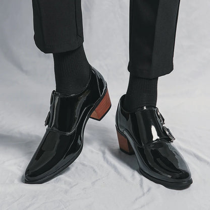 Men Formal Dress Shoes Patent Leather High Heel Shoes Luxury Wedding Groomman Leather Shoes Black Business Managerman Footwear